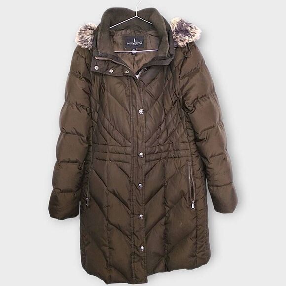 London Fog Womens Coat Sz XL Chevron Down Snap Zip‎ Long Pockets Faux Fur Hood - Picture 1 of 16